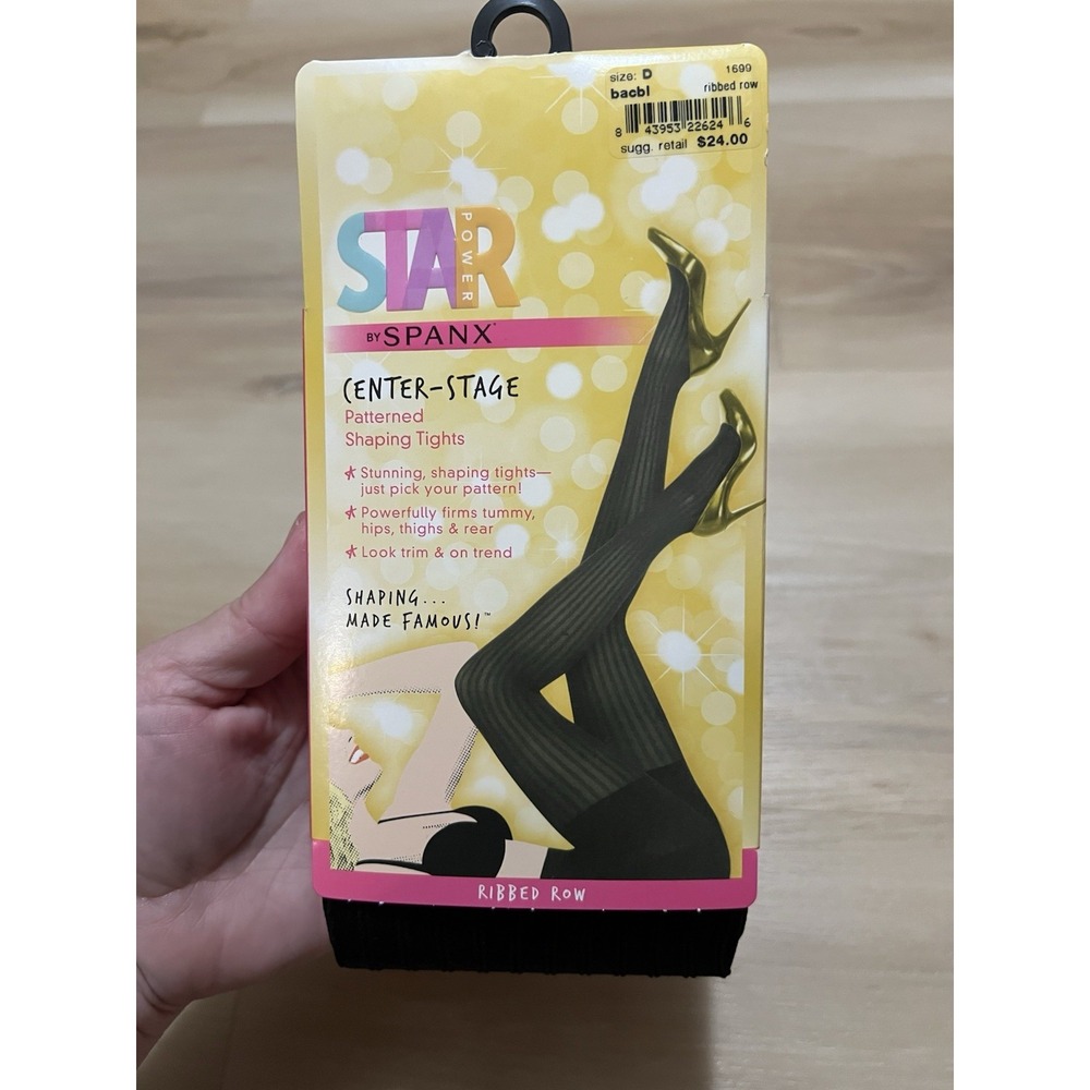 Star Power by Spanx Shaping Tights Black Ribbed Row Pattern Women's Size D